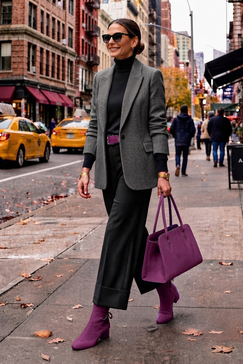 Women's plum purple back lace-up ankle boots with round toe and low block heel - Worn view